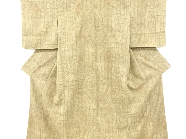 アンティーク　更紗模様織り出し手織り真綿小千谷紬着物